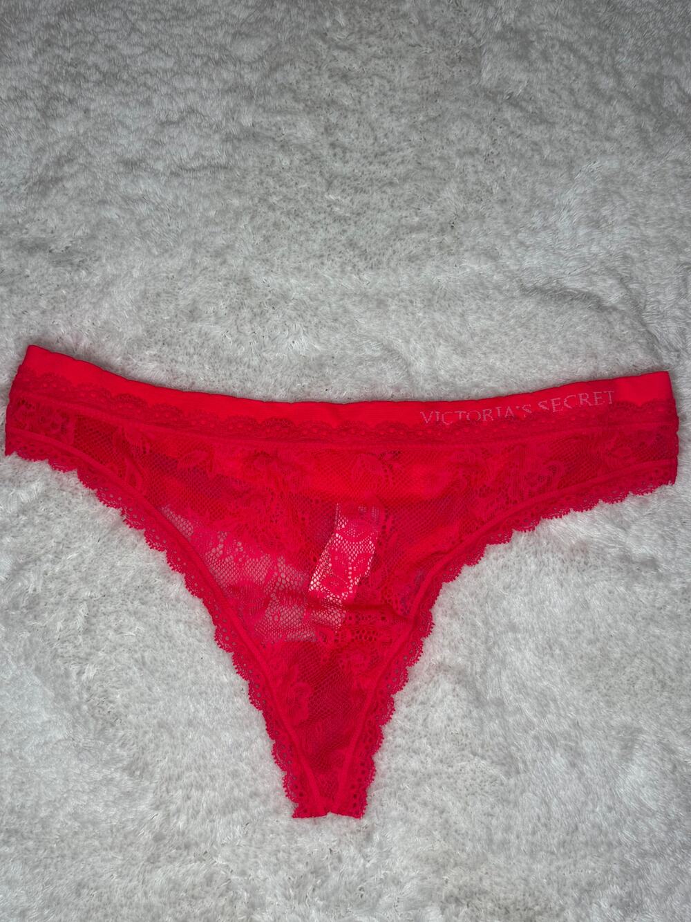 Victoria’s Secret Neon Coral Lace Mesh Thong Panty M NWT